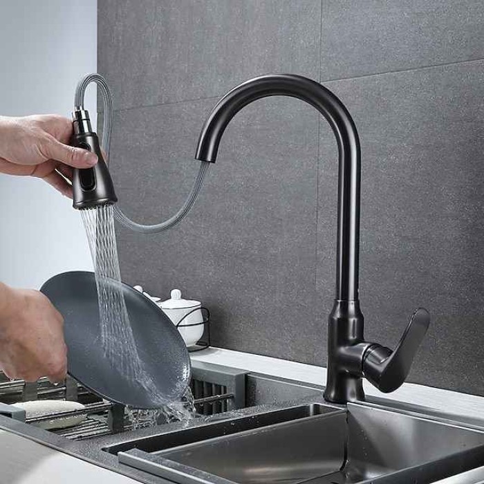 Kitchen Faucet with Pull-out Spray,Single Handle One Hole Brass High Arc 3-Modes Minimalist Style Kitchen Taps(Gun Grey/Black/Chrome)