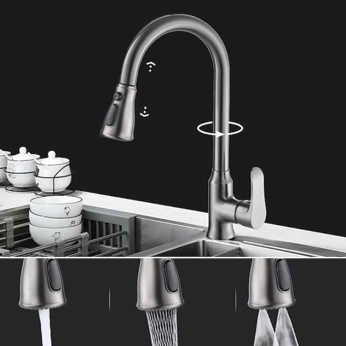 Kitchen Faucet with Pull-out Spray,Single Handle One Hole Brass High Arc 3-Modes Minimalist Style Kitchen Taps(Gun Grey/Black/Chrome)