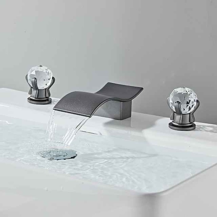 Bathroom Sink Faucet with Two Crystal Knob Handles Waterfall Matte Black/Chrome Deck Mounted Widespread 3 Holes Bathroom Faucets for Bathtub or Sink