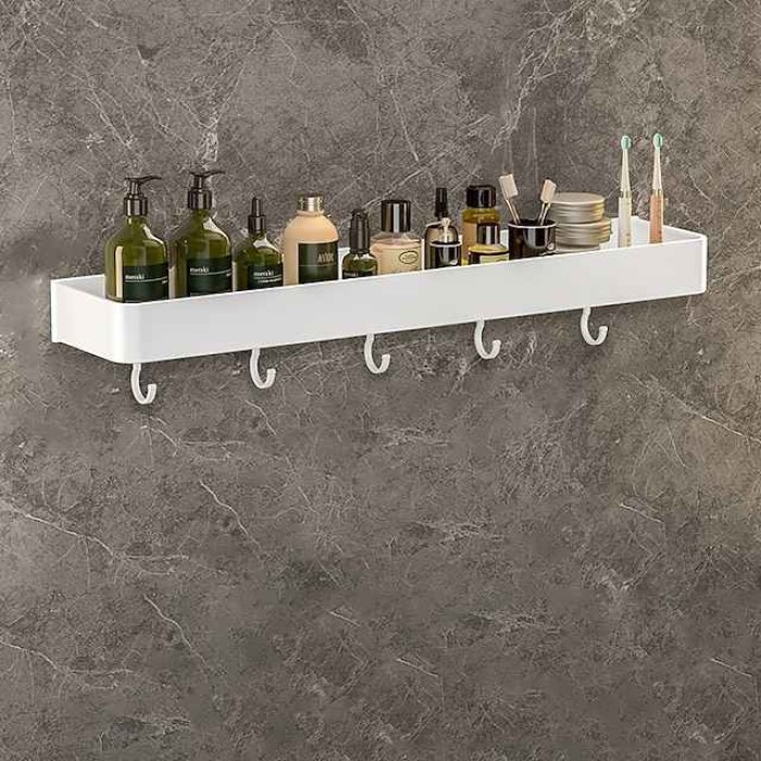 Bathroom Shelves Wall Mounted White Storage Organizer Rack Bathroom Kitchen Bathroom Hardware Pendant Bathroom Shelf Space Aluminum Shower Rack Corner Shelf Square Bath Shower Shelf