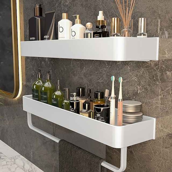 Bathroom Shelves Wall Mounted White Storage Organizer Rack Bathroom Kitchen Bathroom Hardware Pendant Bathroom Shelf Space Aluminum Shower Rack Corner Shelf Square Bath Shower Shelf