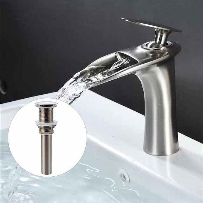 Waterfall Bathroom Sink Mixer Faucet, Mono Wash Basin Single Handle Basin Taps with Hot and Cold Hose Monobloc Vessel Water Brass Tap Deck Mounted