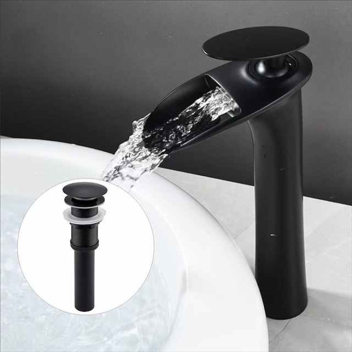 Waterfall Bathroom Sink Mixer Faucet Tall, Mono Wash Basin Single Handle Taps Deck Mounted, Washroom with Hot and Cold Hose Monobloc Vessel Water Brass Tap