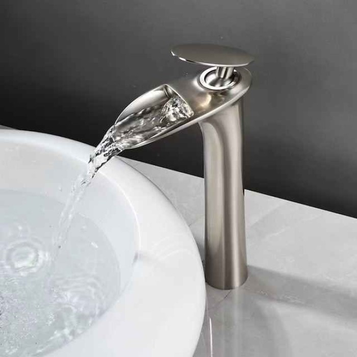 Waterfall Bathroom Sink Mixer Faucet Tall, Mono Wash Basin Single Handle Taps Deck Mounted, Washroom with Hot and Cold Hose Monobloc Vessel Water Brass Tap