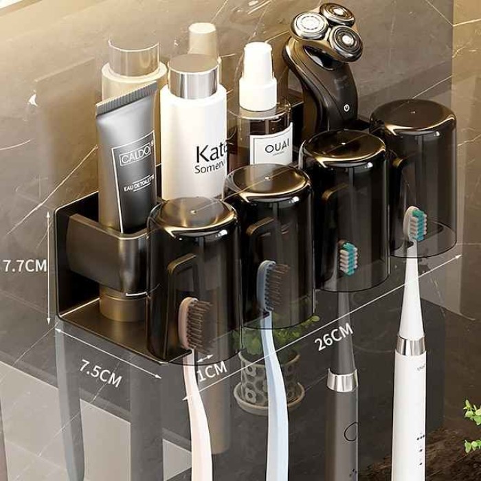 Black Bathroom Toothbrush Tooth Cup Storage Rack Non Perforated Mouthwash Cup Toothbrush Cup Wall Mounted Toothpaste Storage Rack Toothbrush Rack