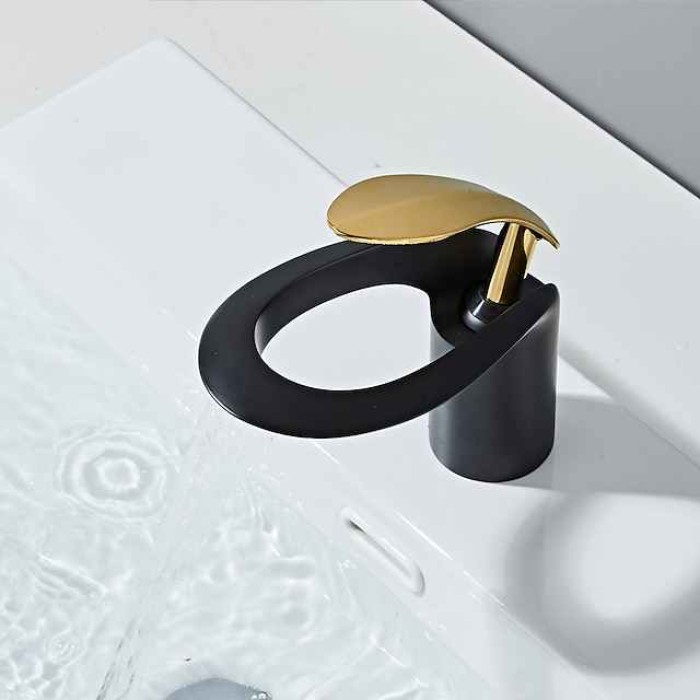 Bathroom Sink Mixer Faucet, Brass Matte Black Waterfall Widespread Single Handle One Hole Vessel Basin Tap with Hot and Cold Switch Chrome White