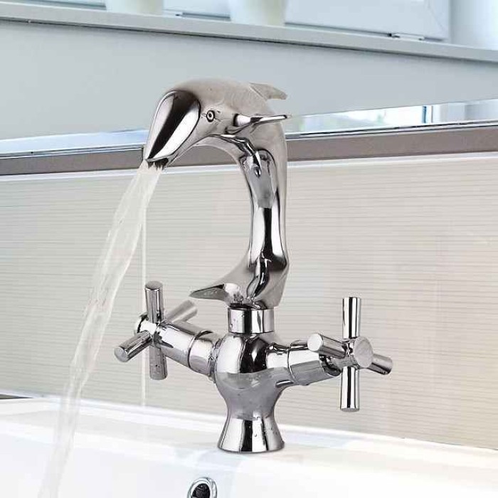 Bathroom Faucet Bath Shower Taps Copper Dolphin Style Basin Faucet Double Handle Bathroom Dual Hole Mixers Hot And Cold Water Chrome Polished Deck Mounted