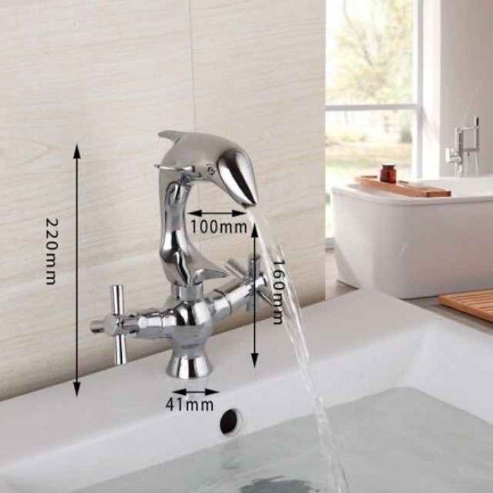 Bathroom Faucet Bath Shower Taps Copper Dolphin Style Basin Faucet Double Handle Bathroom Dual Hole Mixers Hot And Cold Water Chrome Polished Deck Mounted