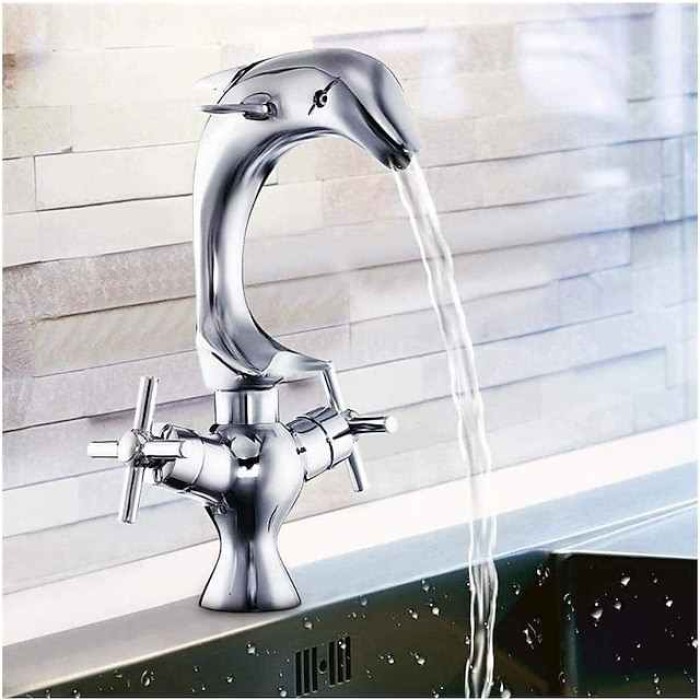 Bathroom Faucet Bath Shower Taps Copper Dolphin Style Basin Faucet Double Handle Bathroom Dual Hole Mixers Hot And Cold Water Chrome Polished Deck Mounted