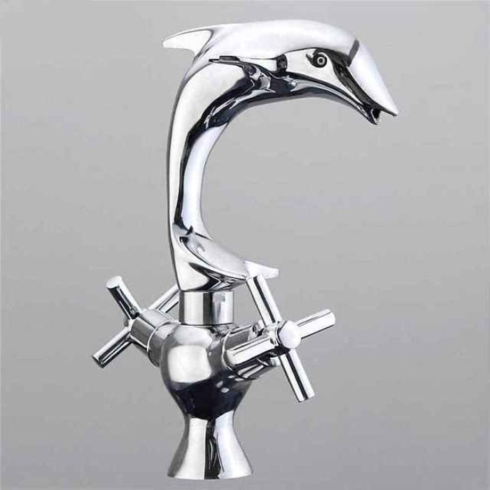 Bathroom Faucet Bath Shower Taps Copper Dolphin Style Basin Faucet Double Handle Bathroom Dual Hole Mixers Hot And Cold Water Chrome Polished Deck Mounted