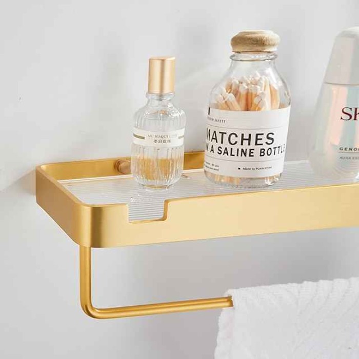 Bathroom Shelves Wall Mounted Golden Storage Organizer Rack Bathroom Kitchen Bathroom Hardware Pendant Bathroom Shelf Space Aluminum Acrylic Shower Rack Corner Shelf Square Bath Shower Shelf(Golden,Black)