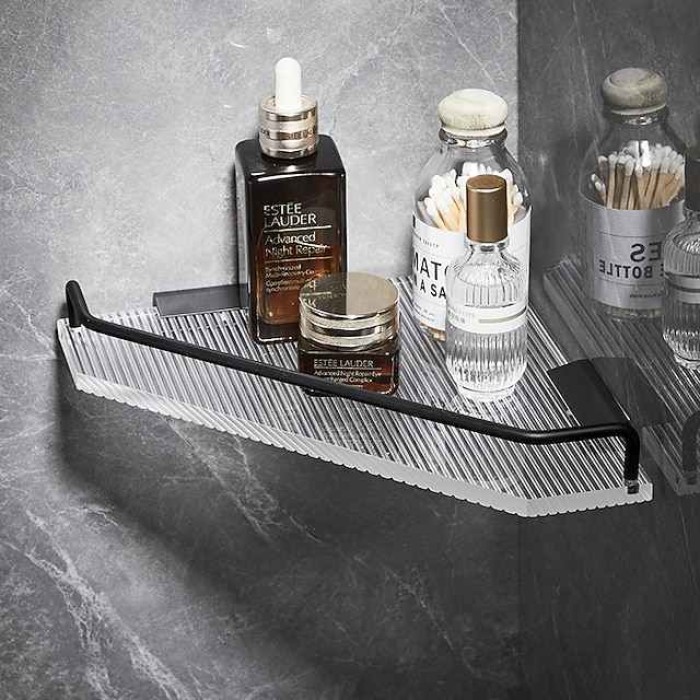 Bathroom Shelf Space Aluminum Acrylic Brushed Black and Golden Wall Mount Triangle Shower Corner Storage Rack Bath Accessories Single Layer