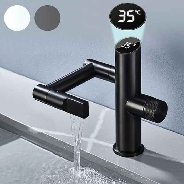 Bathroom Sink Faucet,Digital Display Multifunctional Washbasin Faucet,Brass Single Handle One Hole Rotatable Bath Tap(White/Gun Grey/Black)