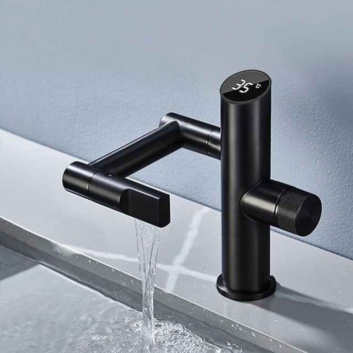 Bathroom Sink Faucet,Digital Display Multifunctional Washbasin Faucet,Brass Single Handle One Hole Rotatable Bath Tap(White/Gun Grey/Black)