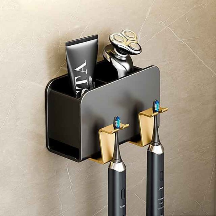 Black Gold Toothbrush Rack Bathroom Toilet Non Perforated Wall Mounted Electric Mouthwash Cup Brush Cup Wall Mounted Space Aluminum Storage Rack