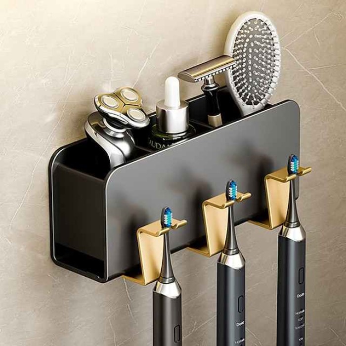 Black Gold Toothbrush Rack Bathroom Toilet Non Perforated Wall Mounted Electric Mouthwash Cup Brush Cup Wall Mounted Space Aluminum Storage Rack