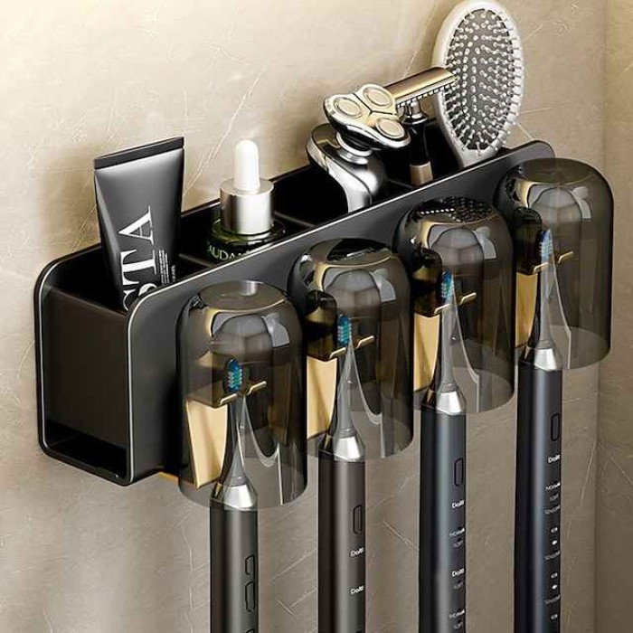 Black Gold Toothbrush Rack Bathroom Toilet Non Perforated Wall Mounted Electric Mouthwash Cup Brush Cup Wall Mounted Space Aluminum Storage Rack