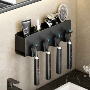 Black Toothbrush Rack Bathroom Toilet Non Perforated Wall Mounted Electric Mouthwash Cup Brush Cup Wall Mounted Space Aluminum Storage Rack