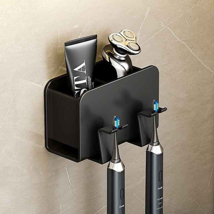 Black Toothbrush Rack Bathroom Toilet Non Perforated Wall Mounted Electric Mouthwash Cup Brush Cup Wall Mounted Space Aluminum Storage Rack