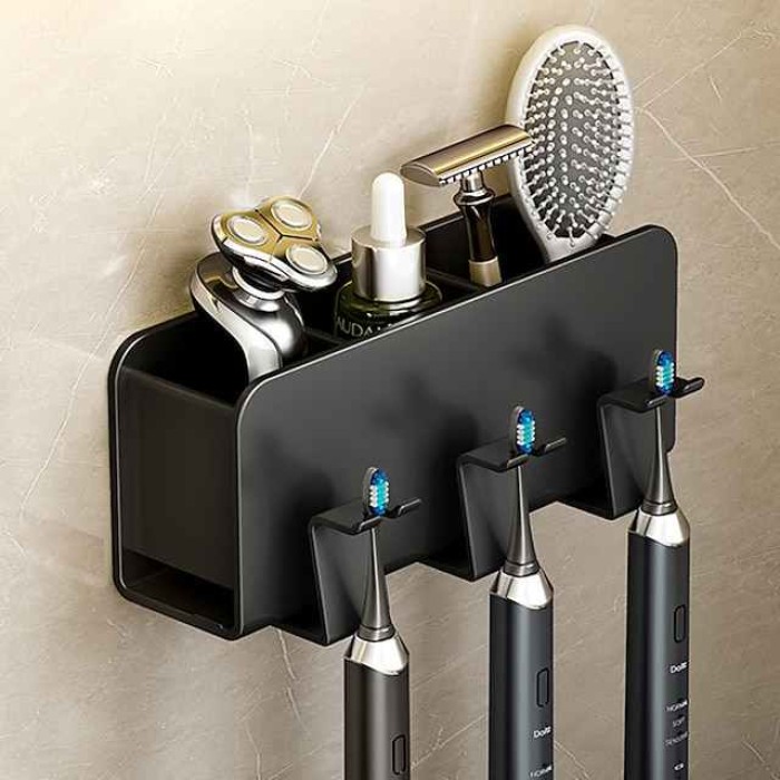 Black Toothbrush Rack Bathroom Toilet Non Perforated Wall Mounted Electric Mouthwash Cup Brush Cup Wall Mounted Space Aluminum Storage Rack