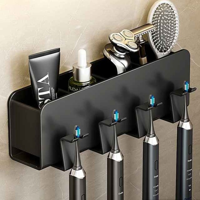 Black Toothbrush Rack Bathroom Toilet Non Perforated Wall Mounted Electric Mouthwash Cup Brush Cup Wall Mounted Space Aluminum Storage Rack