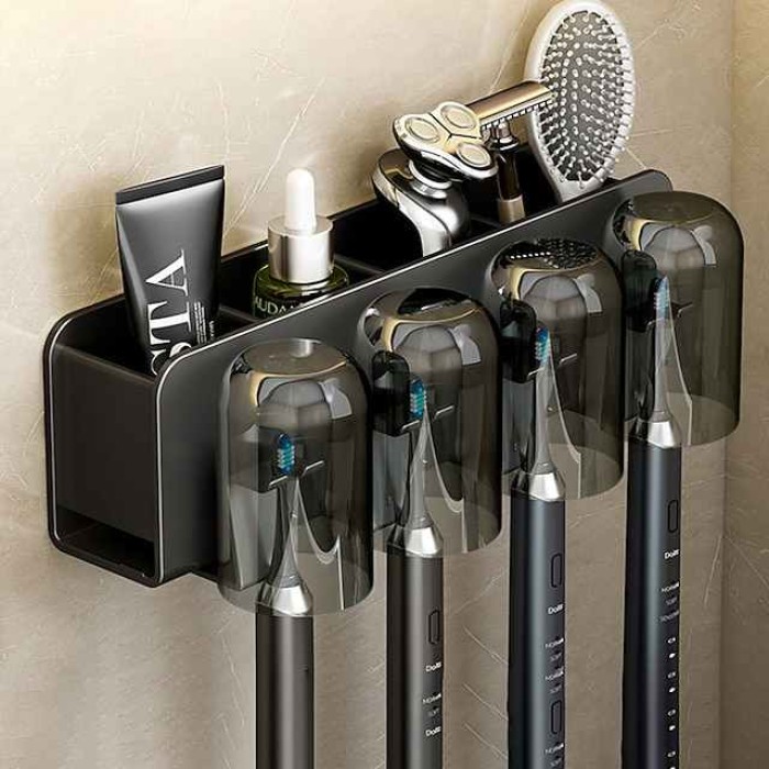 Black Toothbrush Rack Bathroom Toilet Non Perforated Wall Mounted Electric Mouthwash Cup Brush Cup Wall Mounted Space Aluminum Storage Rack