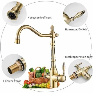 Twin Lever Kitchen Purify Taps Sink Mixer Faucet, 360 Rotation Water Purification Spout Deck Mounted, Dual Handle Single Hole Vessel Tap with Cold and Hot Hose