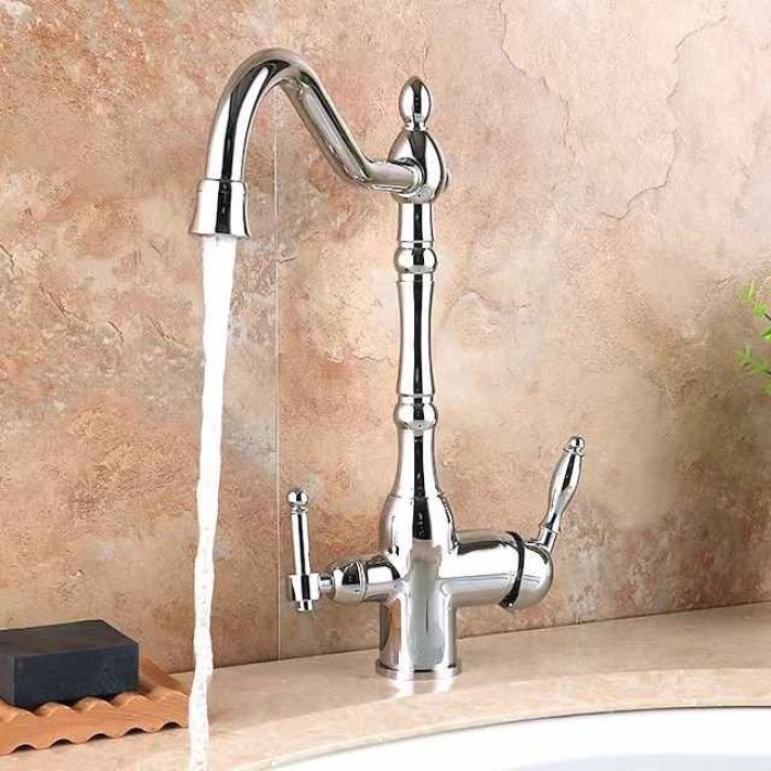 Twin Lever Kitchen Purify Taps Sink Mixer Faucet, 360 Rotation Water Purification Spout Deck Mounted, Dual Handle Single Hole Vessel Tap with Cold and Hot Hose