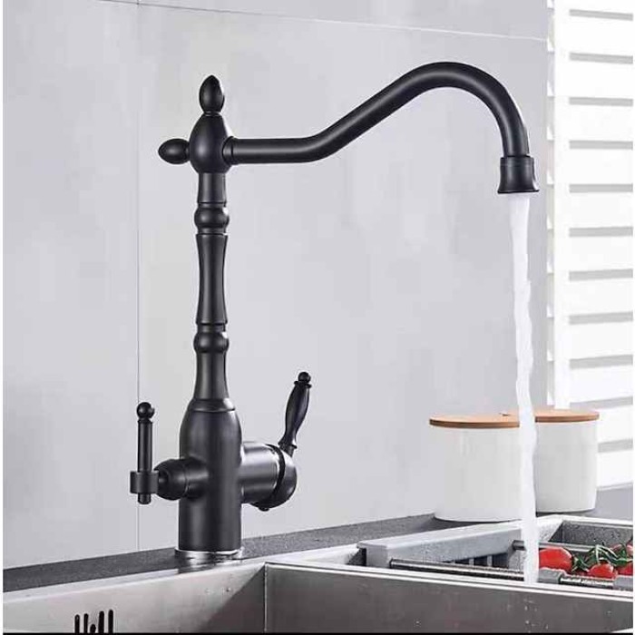 Twin Lever Kitchen Purify Taps Sink Mixer Faucet, 360 Rotation Water Purification Spout Deck Mounted, Dual Handle Single Hole Vessel Tap with Cold and Hot Hose