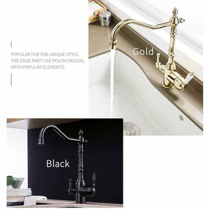 Twin Lever Kitchen Purify Taps Sink Mixer Faucet, 360 Rotation Water Purification Spout Deck Mounted, Dual Handle Single Hole Vessel Tap with Cold and Hot Hose