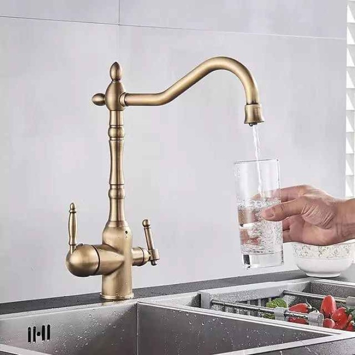 Twin Lever Kitchen Purify Taps Sink Mixer Faucet, 360 Rotation Water Purification Spout Deck Mounted, Dual Handle Single Hole Vessel Tap with Cold and Hot Hose