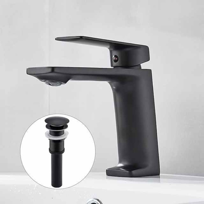 Bathroom Sink Mixer Faucet, Monobloc Washroom Basin Taps Single Handle One Hole Deck Mounted with Hot and Cold Hose