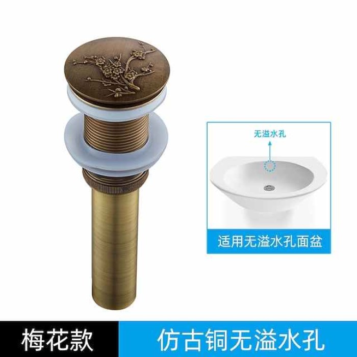 Engraved Antique Brass Pop Up Bathroom Sink Drain Strainer Stopper no Overflow Hole Kitchen Basin Sink Bottle Trap Drainer