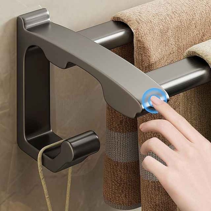 Non-Perforated Towel Rack Bathroom Towel Rack Hook Bathroom Hanging Rack Toilet Towel Bar Storage Rack Gun Gray Double Bar