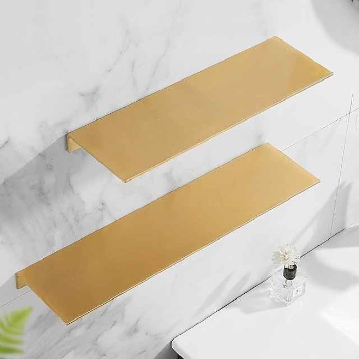 Bathroom Shelf Self-adhesive Bath Storage Rack 30-60cm Modern Space Aluminum Rust-proof Bathroom Organizer Wall Shelf 1pc (Brushed Golden)