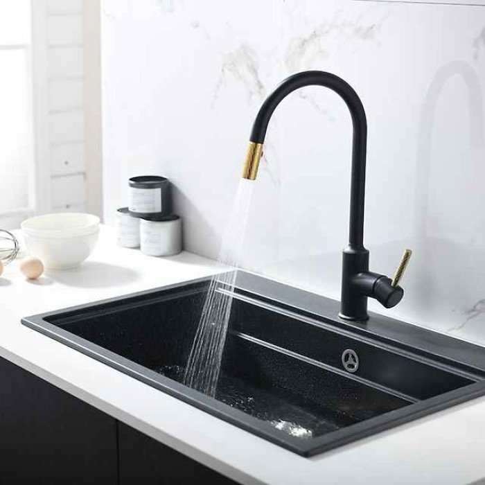 Kitchen Sink Mixer Faucet Pull Out, Single Lever Handle Brushed Solid Brass Taps Cold Hot Hose, One Hole with Pull Down Sprayer Black Gold Faucets