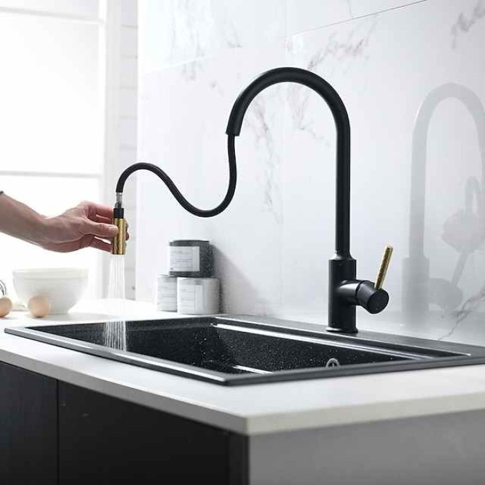 Kitchen Sink Mixer Faucet Pull Out, Single Lever Handle Brushed Solid Brass Taps Cold Hot Hose, One Hole with Pull Down Sprayer Black Gold Faucets