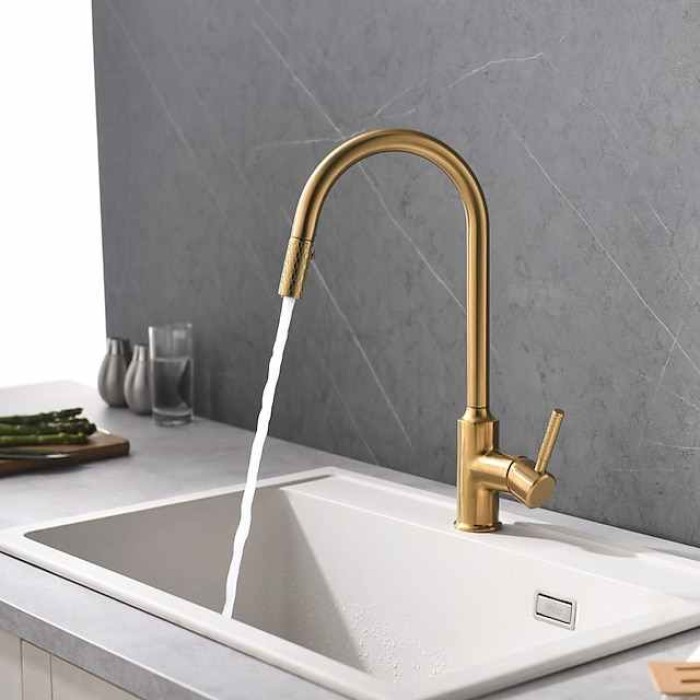 Kitchen Sink Mixer Faucet Pull Out, Single Lever Handle Brushed Solid Brass Taps Cold Hot Hose, One Hole with Pull Down Sprayer Black Gold Faucets