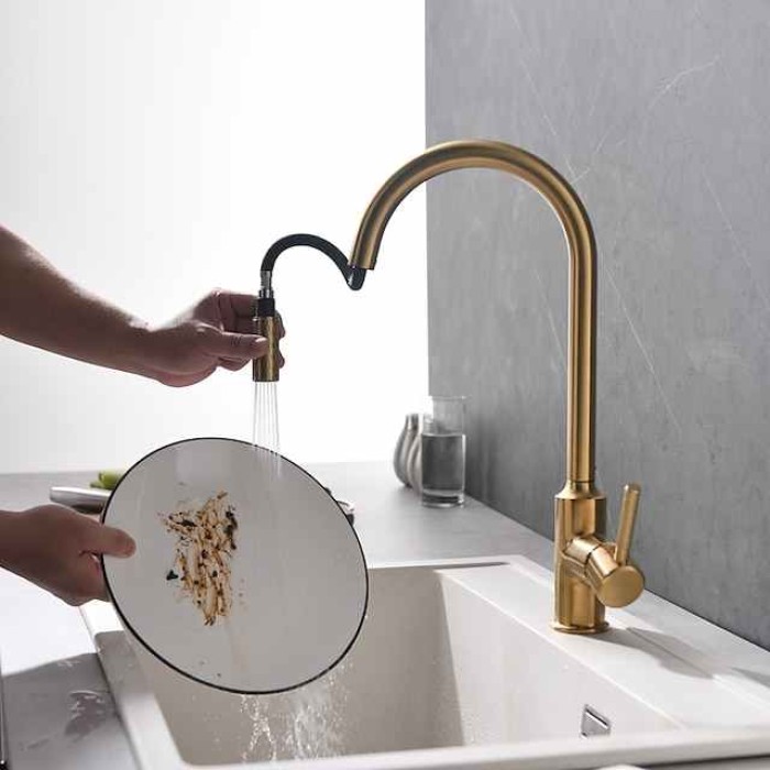 Kitchen Sink Mixer Faucet Pull Out, Single Lever Handle Brushed Solid Brass Taps Cold Hot Hose, One Hole with Pull Down Sprayer Black Gold Faucets