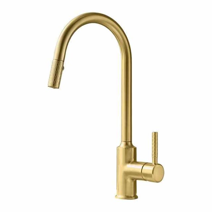 Kitchen Sink Mixer Faucet Pull Out, Single Lever Handle Brushed Solid Brass Taps Cold Hot Hose, One Hole with Pull Down Sprayer Black Gold Faucets