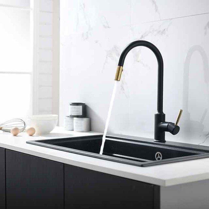 Kitchen Sink Mixer Faucet Pull Out, Single Lever Handle Brushed Solid Brass Taps Cold Hot Hose, One Hole with Pull Down Sprayer Black Gold Faucets