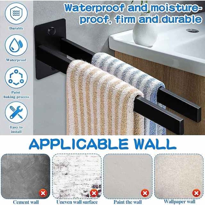 Towel Holder Black, Towel Holder No Drilling Required, Self-Adhesive Towel Holder Black Towel Rail No Drilling Bath Towel Holder for Bathroom and Kitchen, 39 cm (Two Arms)