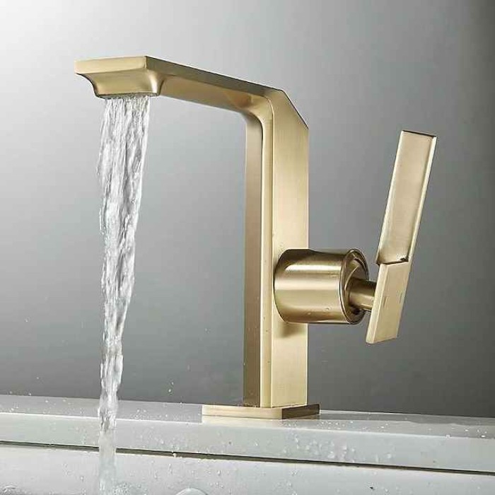 Waterfall Bathroom Sink Mixer Faucet Brass, Single Handle Basin Taps One Hole Faucets with Hot and Cold Hose, Waterfall Spout Brass Bath Tap Chrome Black Gold Grey