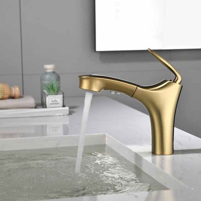 Bathroom Faucet Pull Out Sprayer, Single Handle Pull Down Sink Taps, One Hole Basin Mix Taps with Hot Cold Water Hose, Double Spout Brass Bath Faucet