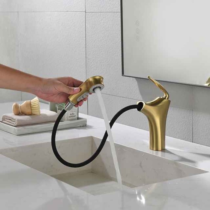 Bathroom Faucet Pull Out Sprayer, Single Handle Pull Down Sink Taps, One Hole Basin Mix Taps with Hot Cold Water Hose, Double Spout Brass Bath Faucet