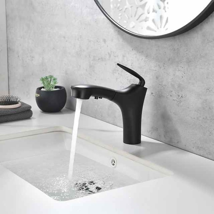 Bathroom Faucet Pull Out Sprayer, Single Handle Pull Down Sink Taps, One Hole Basin Mix Taps with Hot Cold Water Hose, Double Spout Brass Bath Faucet