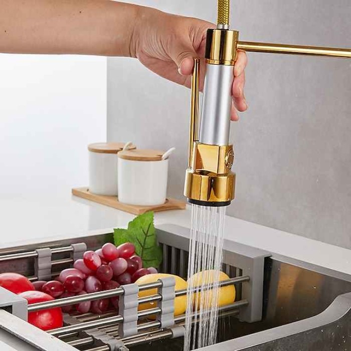 Kitchen Sink Mixer Faucet Pull Down Sprayer, Single Lever Pull Out Taps, 360 ° Swivel Cold Hot Water Brass Tap Golded Chrome Black