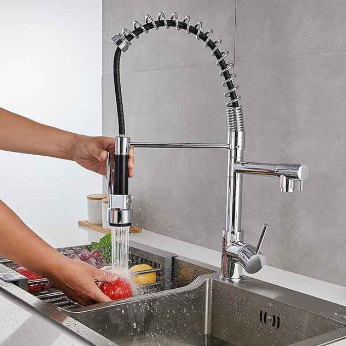 Kitchen Sink Mixer Faucet Pull Down Sprayer, Single Lever Pull Out Taps, 360 ° Swivel Cold Hot Water Brass Tap Golded Chrome Black