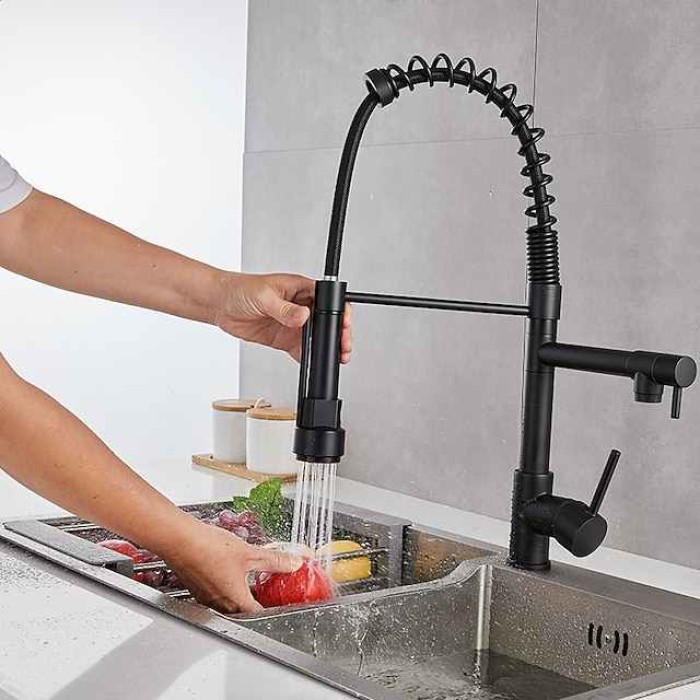 Kitchen Sink Mixer Faucet Pull Down Sprayer, Single Lever Pull Out Taps, 360 ° Swivel Cold Hot Water Brass Tap Golded Chrome Black