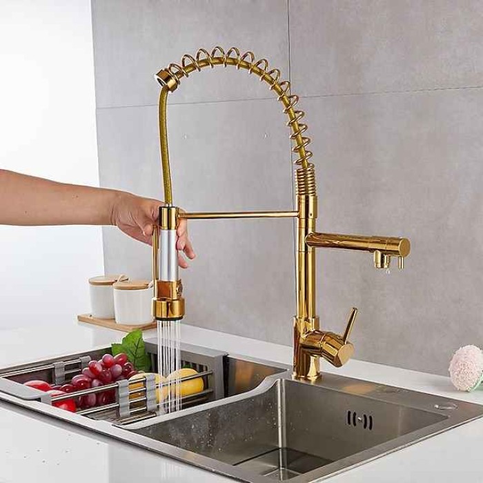 Kitchen Sink Mixer Faucet Pull Down Sprayer, Single Lever Pull Out Taps, 360 ° Swivel Cold Hot Water Brass Tap Golded Chrome Black